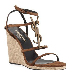Saint Laurent Cassandra Brown Suede Logo Wedge
